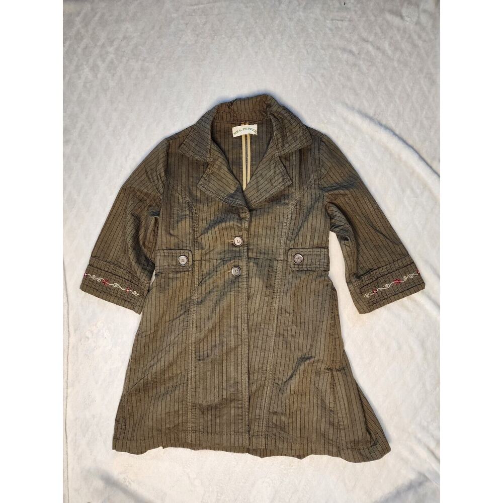 Mrs. Pepper Womens L Olive Pinstripe Boho Steampunk Duster Jacket 3/4 Sleeve